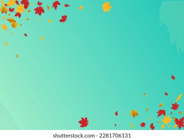 Green Leaf Vector Blue Background. September Leaves Template. Orange Canadian Plant Card. Realistic Texture.