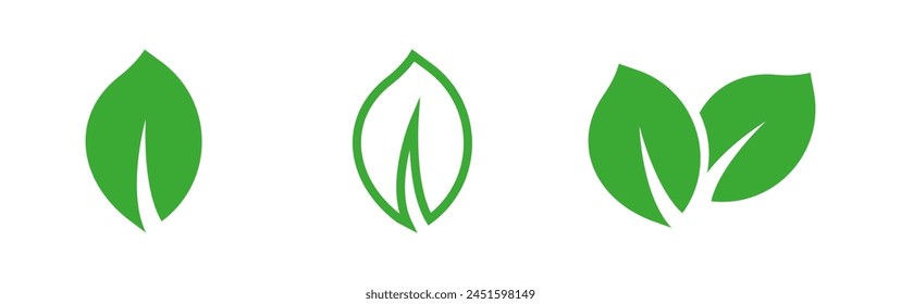 Green leaf vector icon. Eco leaf logo. Simple linear leaves of trees and plants. Elements for eco friendly and bio logo,vegan. Ecology leaf element.