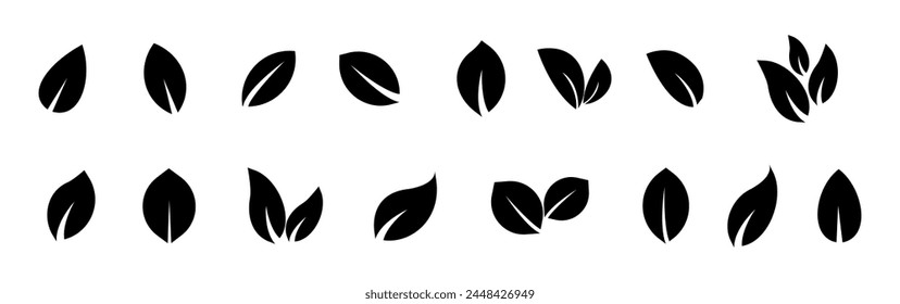 Green leaf vector icons. Eco leaf logo. Simple linear leaves of trees and plants. Elements for eco friendly and bio logo,vegan. Leaves collection. Ecology leaf symbol.