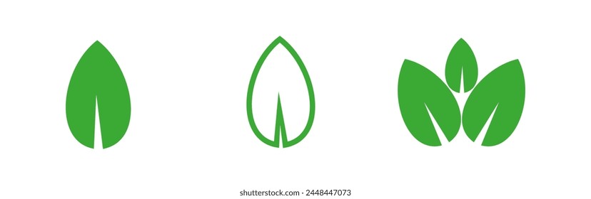 Iconos de vector de hoja verde. Logotipo de hoja ecológica. Hojas lineales simples de árboles y plantas. Elementos para eco friendly y bio logo, vegano. Colección de hojas verdes. Elemento de hoja de ecología.