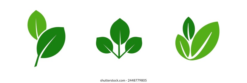 Green leaf vector icons. Eco leaf logo. Simple linear leaves of trees and plants. Elements for eco friendly and bio logo,vegan. Green leaves collection. Ecology leaf element.