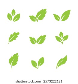 Green leaf vector icons. Eco leaf logo. Simple linear leaves of trees and plants. Elements for eco friendly and bio logo,vegan. Green leaves collection. Ecology leaf element.