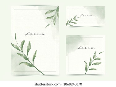 color de agua de la textura del vector de hoja verde, plantilla de la tarjeta de invitación de boda, conjunto de hojas verdes dibujadas a mano.