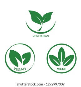 Green leaf vegan label set. Veggie or vegetarian food logo sing design