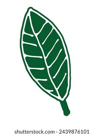 Green leaf with veins and stem, in a style reminiscent of a lino cut.