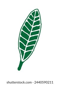 Green leaf with veins and stem, in a style reminiscent of a lino cut.