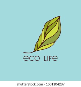 Green leaf vignette with "Eco life" lettering. Vector illustration. Template for eco friendly product design and logo.