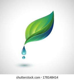 Green leaf with water drop, eps10 vector