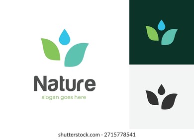 Green Leaf with Water Drop, Nature Logo Design with abstract human and leaf for Ecology and Spa