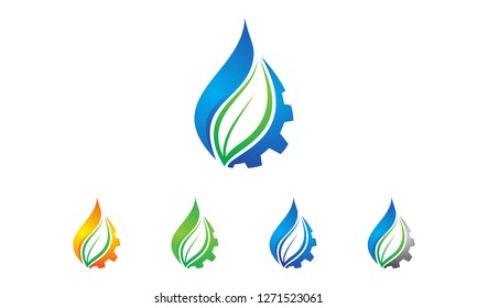 green leaf water drop vector logo design with gears cogs concept , illustration of  water and gear cog for energy ecology and industrial company