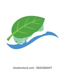 Green leaf with water droplets floating on blue waves, eco-friendly vector illustration