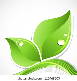 Green leaf with water droplets. Vector illustration