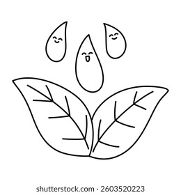 green leaf with water drops doodle outline on white background