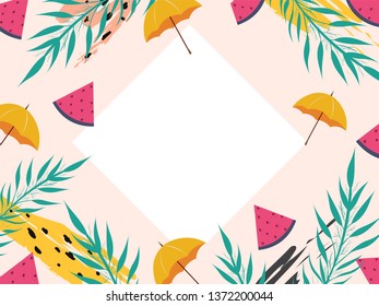 Green leaf, watermelon, and umbrella on a pink background for Summer.