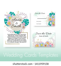 green leaf Wedding invite, invitation,save the date card design with beatiful branches leaves,blue geometrical pattern