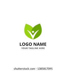 Green leaf and wellness vector logo template. Human health symbol, leaf logo. Organic, eco, vegan logo concept.