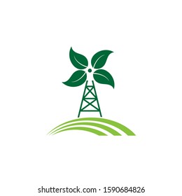 Green Leaf Windmill Logo. Farming Logo Element. Agriculture Flat Logo