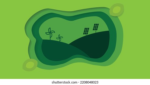 Hojas verdes con molinos de viento y paneles solares, ilustración vectorial en el estilo de arte de papel. Concepto de energía verde.