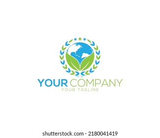 Green Leaf World Globe Laurel Wreath Silhouette Symbol Vector Template.