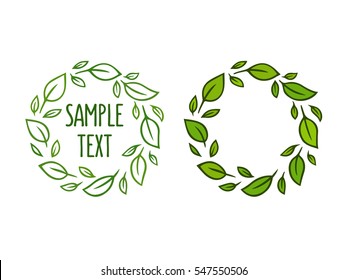 Green Leaf Wreath Hand Drawn Vector Illustration. Logo Design Template.