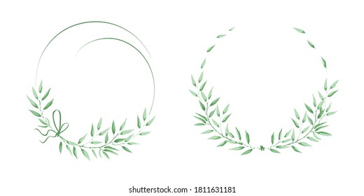 Green leaf wreaths. Frames for Wedding invitation. Set vector design elements, delicate watercolor drawing of green leaves.	