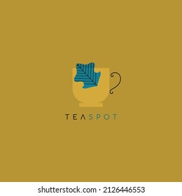 Hoja verde en taza amarilla de té aislada en fondo dorado. Ilustración de arte de línea moderna. Diseño de productos naturales y de producción de té