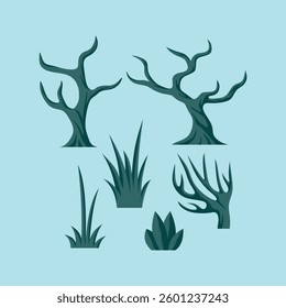 Green Leafless Tree and Grasses Simple Vector Set Collection