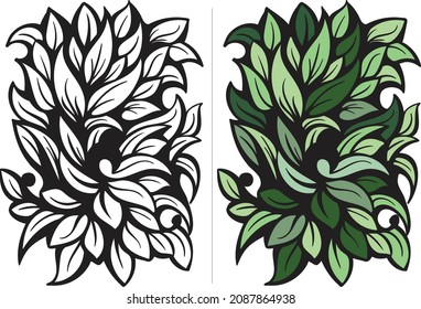 Green leafs coloring pages hand drawing black and white 