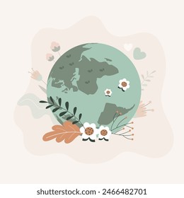 Green leafs, flowers and globe eco icon, mockup save planet logo. Recycle or sign of conservation icon. Healthy natural product label logo design. Environmental protection. flat vector illustration