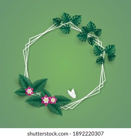 Folletos verdes o follaje con marco de círculo blanco.
Con el color y la sombra haciendo que parezca realista.
Diseño de ilustrador vectorial en el concepto de arte de papel.