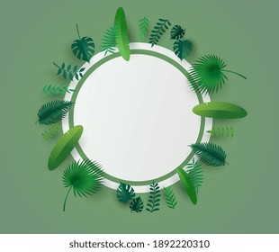 Green leafs or foliage with white circle frame.
With color and shadow making it look realistically.
Vector illustrator design in paper art concept.