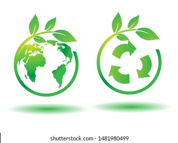 Green leafs and globe Eco icon, mockup save planet logo. Triangular recycling symbol around the globe. Silhouette of a tree on the green grass. Environmentally friendly world. Vector illustration.