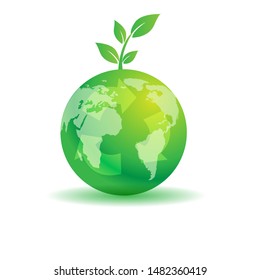 Green leafs and globe Eco icon, mockup save planet logo. Triangular recycling symbol around the globe. Silhouette of a tree on the green grass. Environmentally friendly world. Vector illustration.
