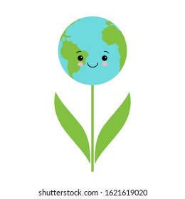 Green leafs and globe Eco icon, mockup save planet logo. Cute kawaii earth