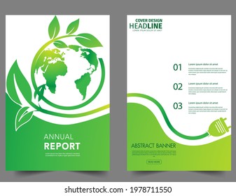 Green leafs and globe Eco icon, mockup save planet logo. Triangular recycling symbol around the globe. Silhouette of a tree on the green grass. Environmentally friendly world. Vector illustration.