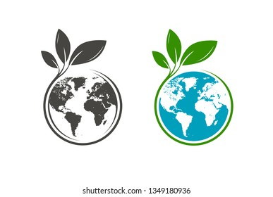 Green leafs and globe logo. Eco, natural, organic icon or symbol. Vector