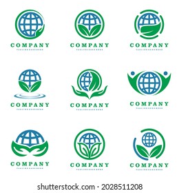 Green leafs and globe logo. Eco, natural, organic icon or symbol set vector icon illustration design
