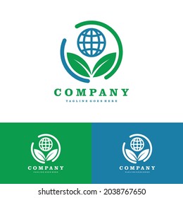 Grüne Blätter und das Globus-Logo. Eco, Natural, Organic Icon oder Symbol Set Vektorsymbol Symbol-Design
