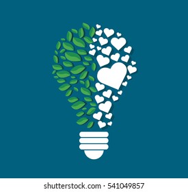 green leafs and hearts in light bulb shape , eco concept , thinking symbol  , World Environment Day 