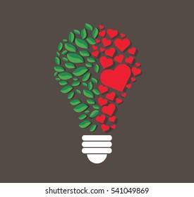 green leafs and hearts in light bulb shape , eco concept , thinking symbol  , World Environment Day 