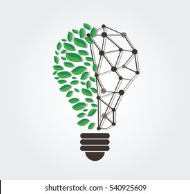 green leafs in light bulb shape and technology line vector , nature eco concept , World Environment Day