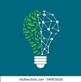 green leafs in light bulb shape and technology line vector , nature eco concept , World Environment Day