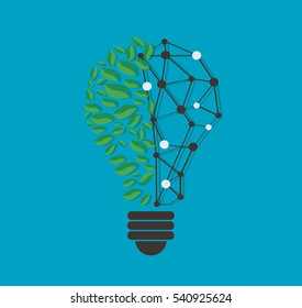 green leafs in light bulb shape and technology line vector , nature eco concept , World Environment Day