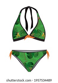 Green leafs pattern woman bikini. vector