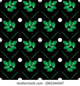Green leafs, polkas on black seamless pattern. Fashion graphic background design. Modern stylish abstract texture. Colorful template for prints, textiles, wrapping, wallpaper. Vector illustration