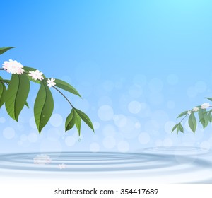 Green leafs and water drop on blue sky background