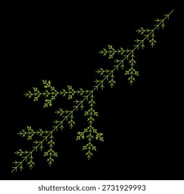 Patrón de Fractal en forma de hoja verde sobre un fondo negro, creado a partir de segmentos de línea con una estructura geométrica abstracta, simetría, singularidad, auto-similitud. Conveniente para la ilustración matemática, científica y educativa, fondo, cartel, decoración.