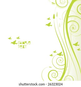 Green leafy banner with text space and birds flying in the background