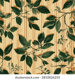 Green leafy branches on beige background with vertical orange stripes