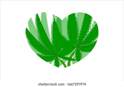 Green leafy heart on a white background. Organic pattern  with hemp. Symbol of an omnipotent healing nature and health. EPS10 vector illustration.